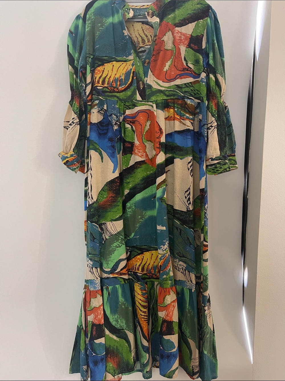 Abstract Printed Midi Dress in Green, Blue & Cream